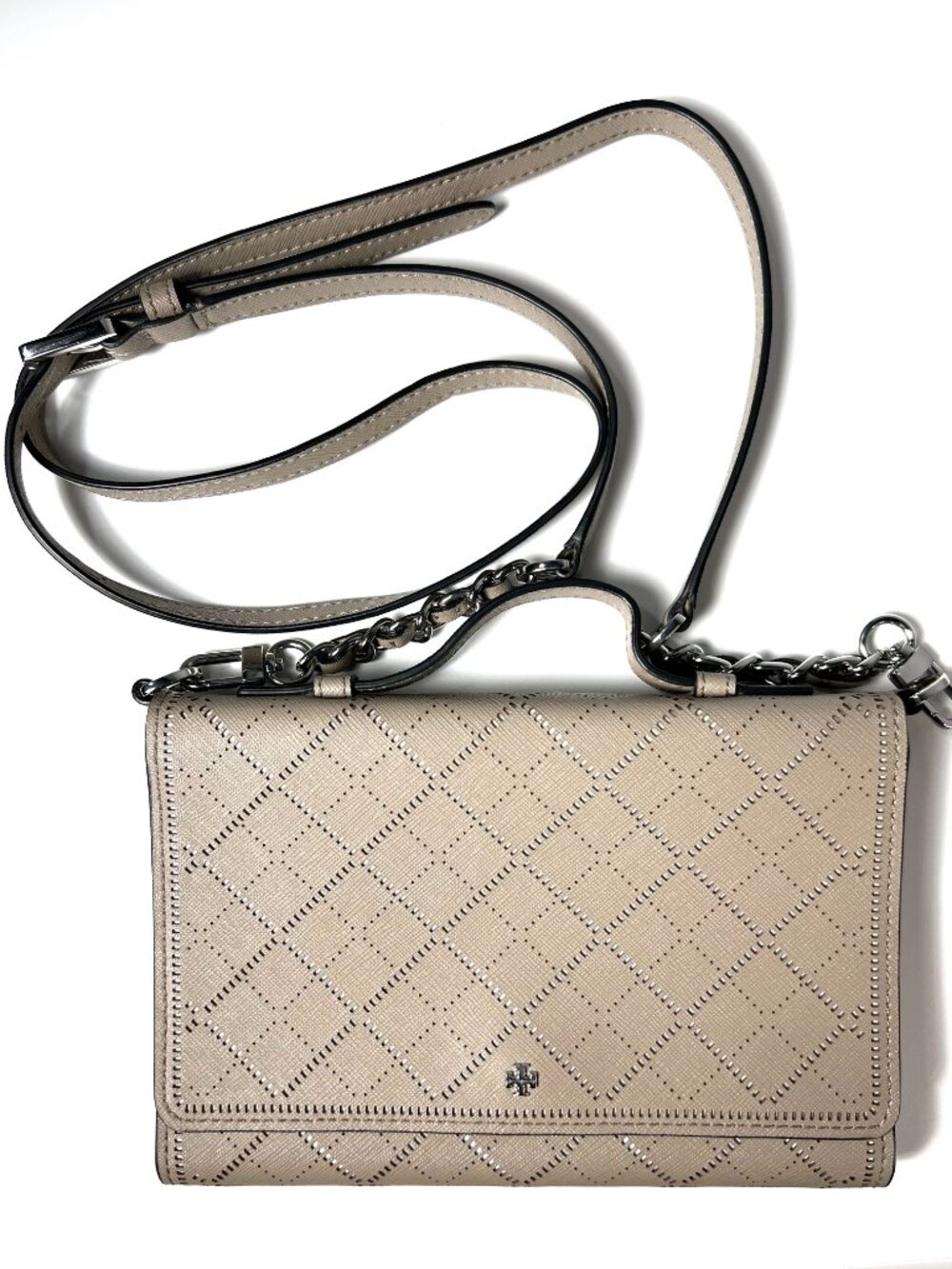 TORY BURCH Leather Robinson Crosshatch Mini Crossbody Bag in French Gray LNWOT